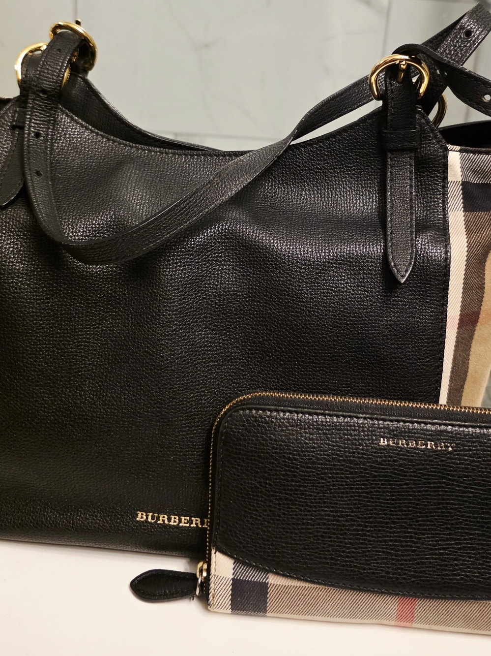 Burberry Check Canterbury Black Leather Hobo Shoulder Tote with Wallet Set